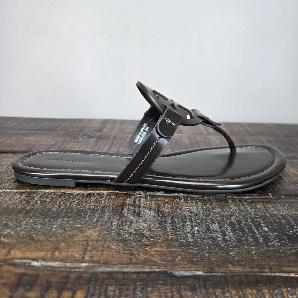 NEW Tory Burch Miller Leather Womens Size 11 Big Logo Sandals Flip Flops Cocoa
